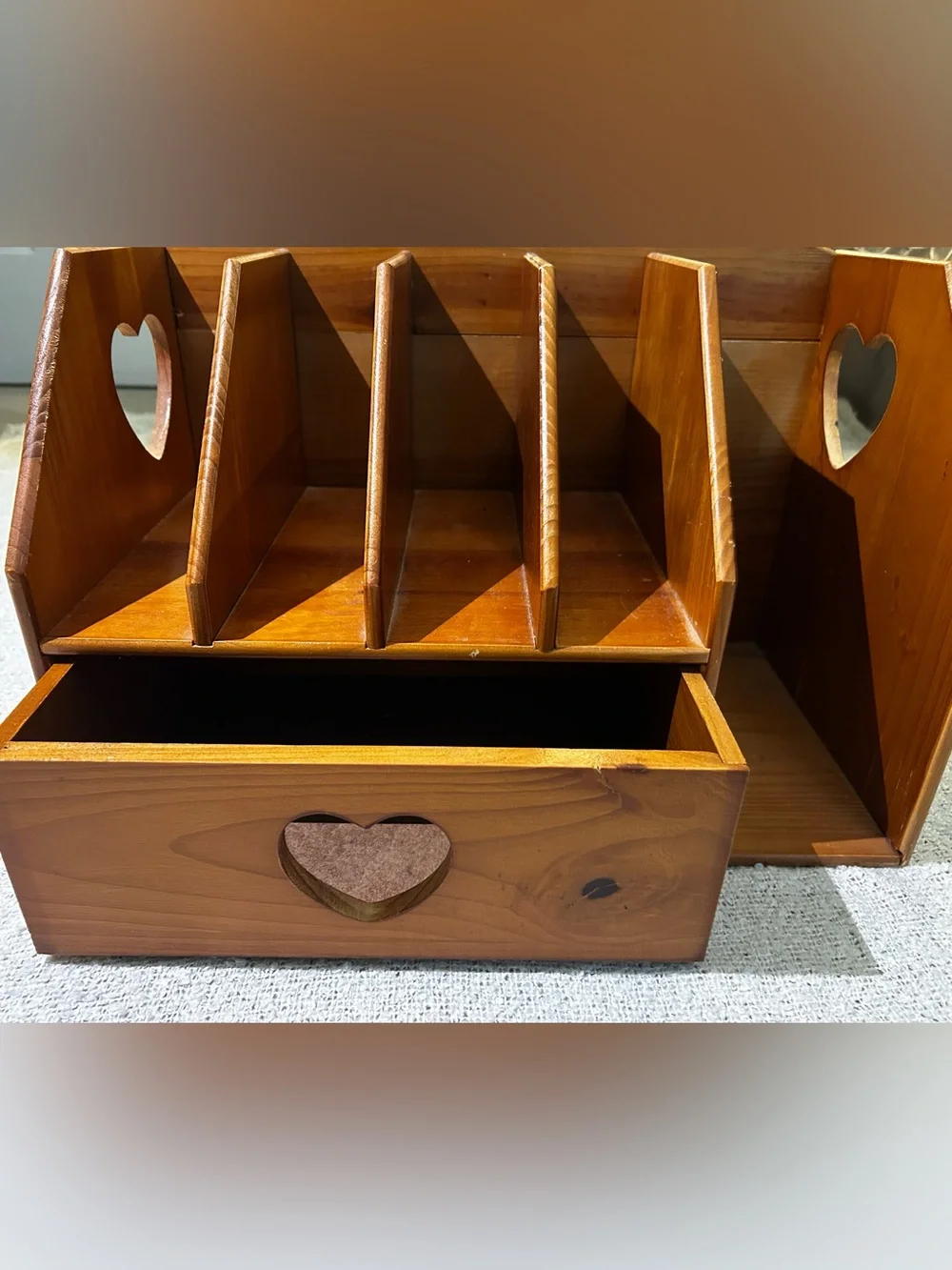 Vintage Wooden Desk Organizer with Heart Drawer and Sides